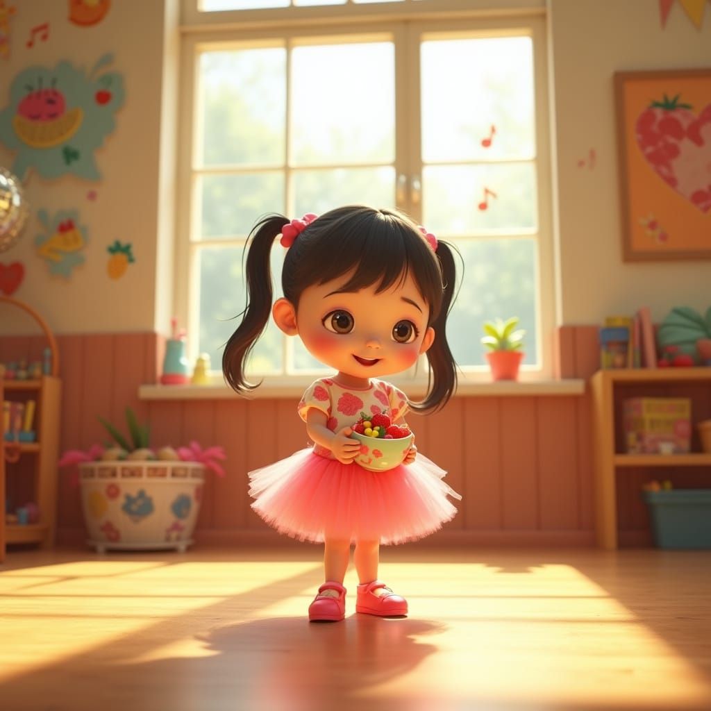 Vibrant Preschool Dance Studio Scene in Whimsical Pixar Styl...