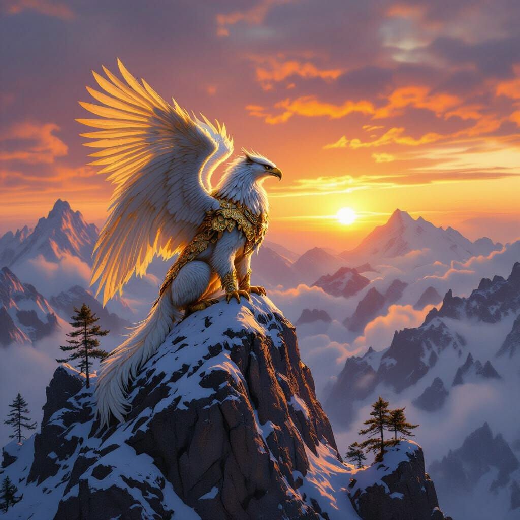 Golden Griffin on Snowy Peak at Sunrise