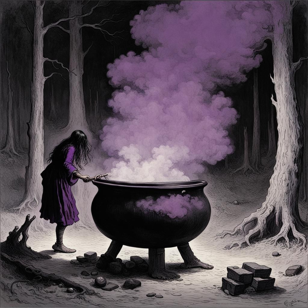 Animated Witch's Cauldron with Purple Smoke