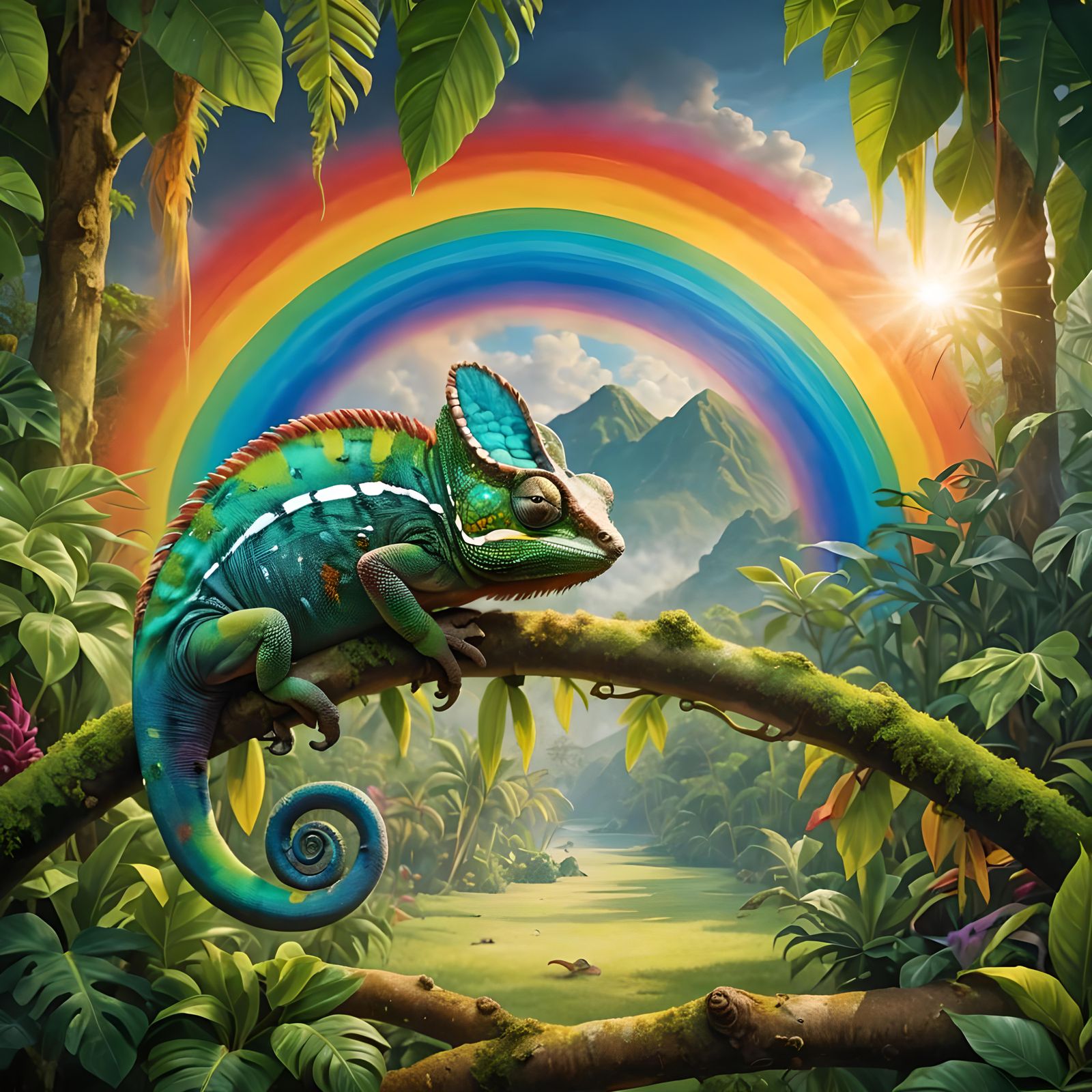 Rainbow Chameleon in Hyperrealistic Tropical Scene