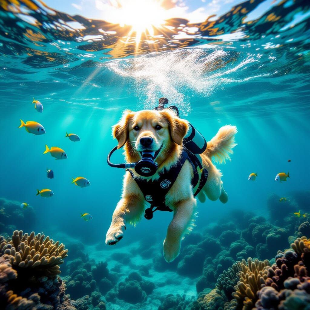 Golden Retriever Diver Explores Vibrant Coral Reef