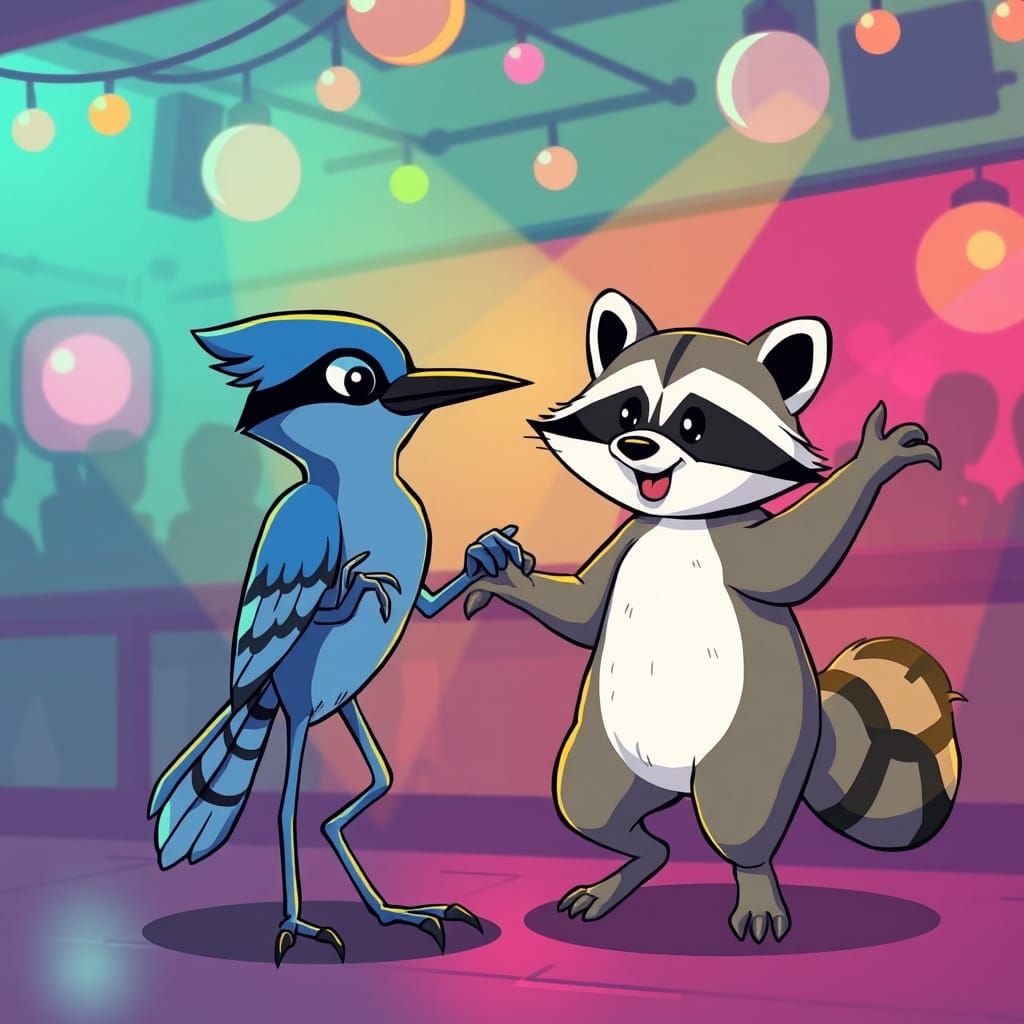Cartoon Blue Jay and Raccoon Club Dance