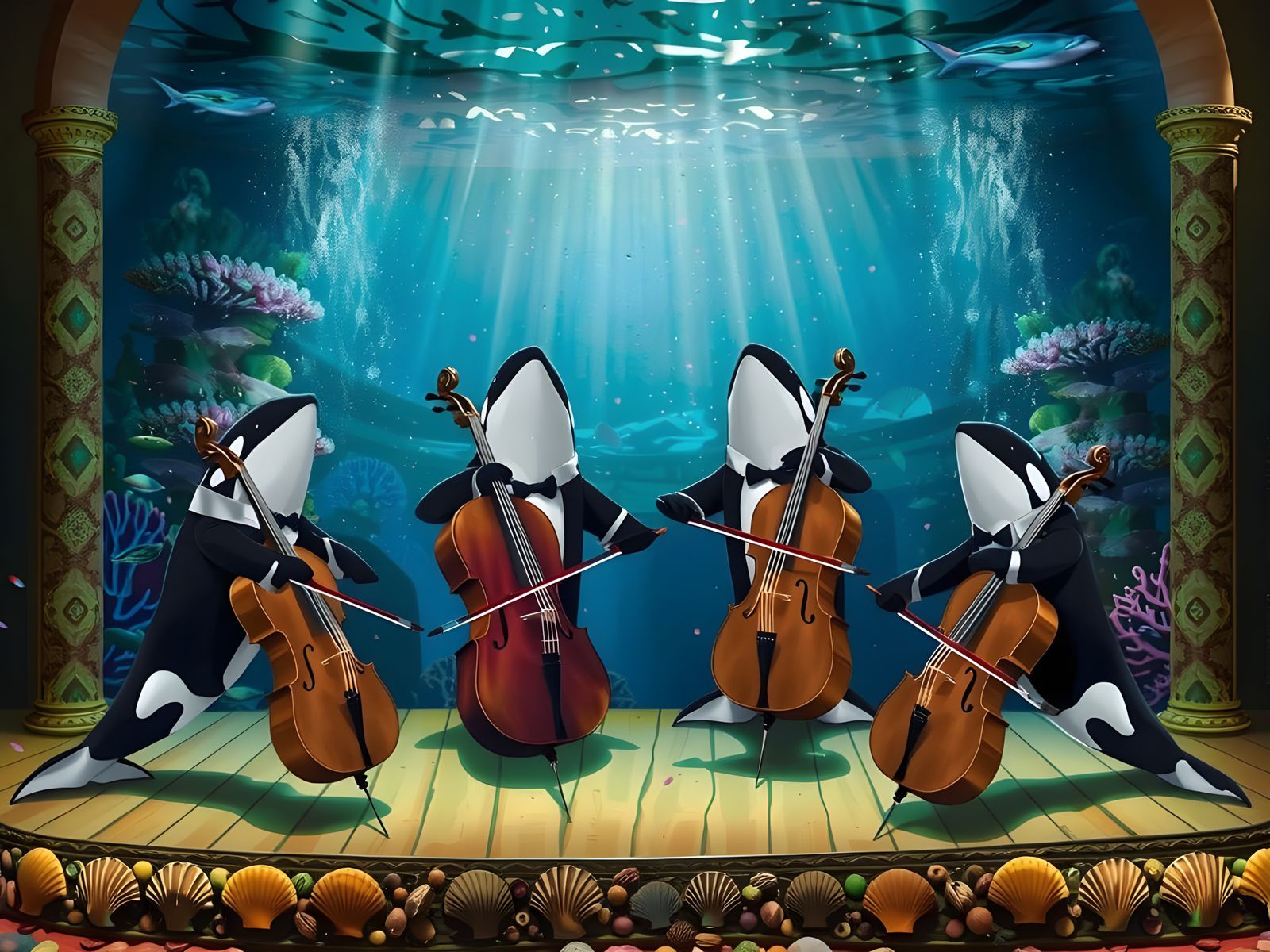 Four orcas dressed in tuxedos, each skillfully playing cellos