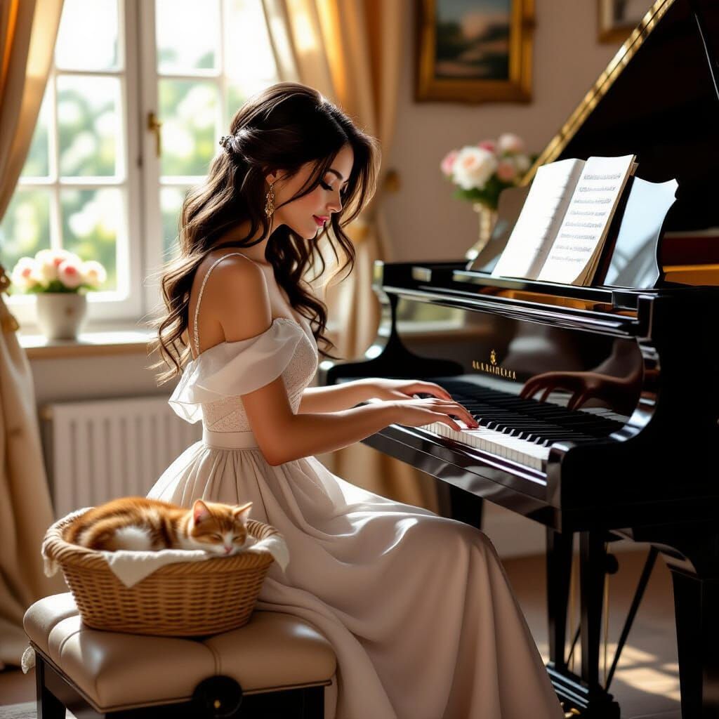Woman Plays Piano with Cat in Cozy Salon