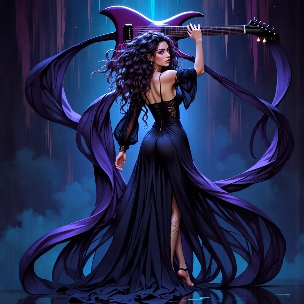 Confident Woman with Guitar in Fantasy Art Style