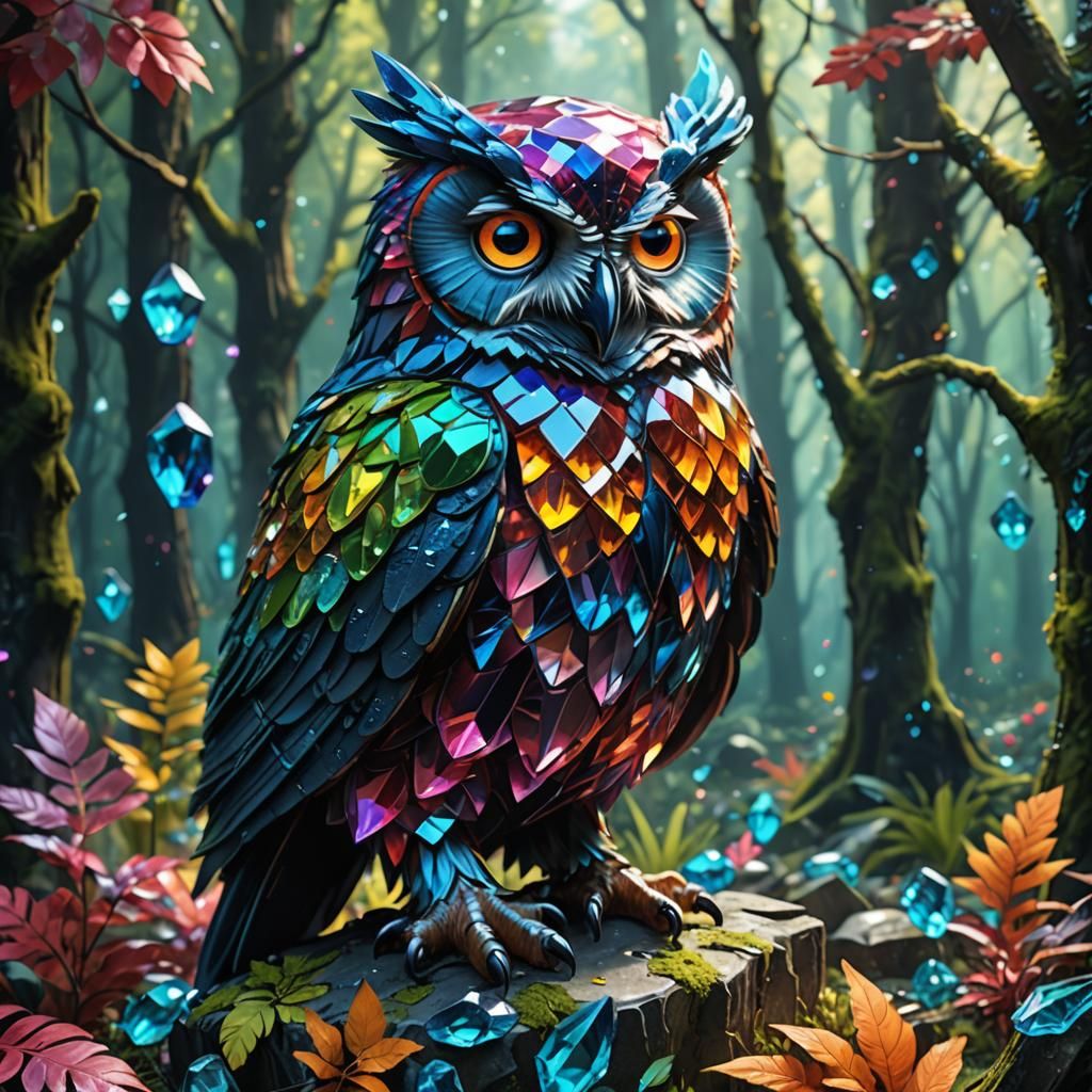 Crystal Owl in a Colored Crystal Forest
