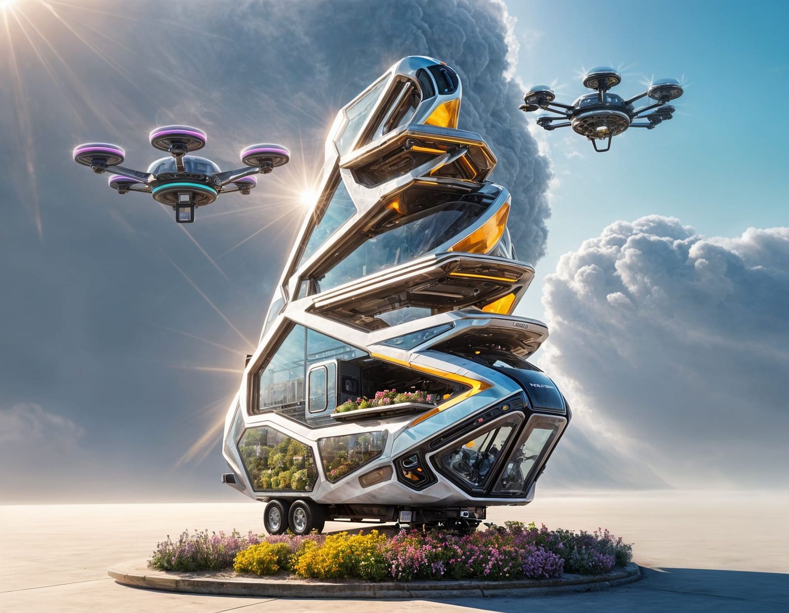 Futuristic Multi-Story Food Truck with Delivery Drones