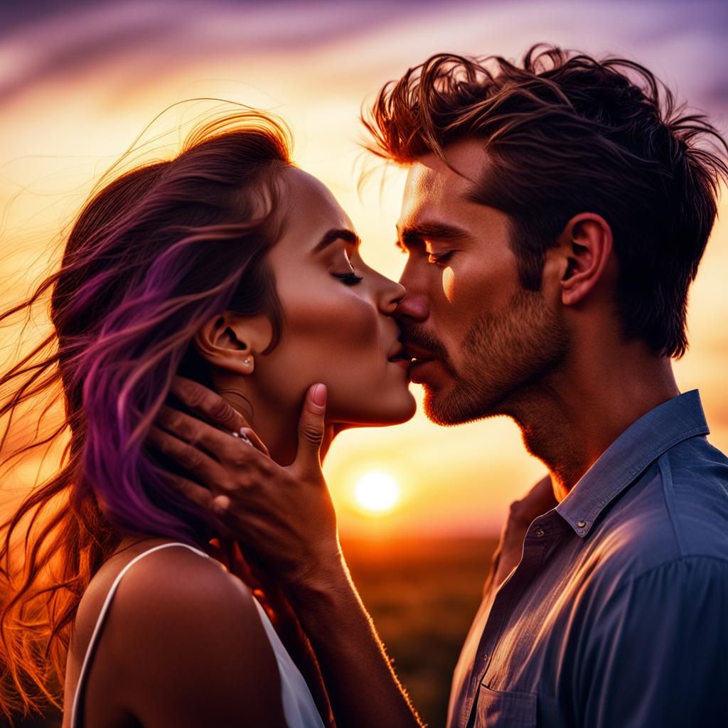 Romantic Sunset Kiss in Hyperrealistic Photography