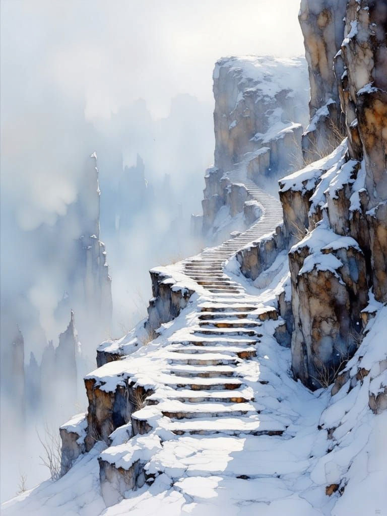 Surreal Winter Ascent in Impasto Style