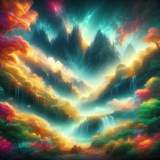 Vibrant Tropical Jungle Waterfall in Golden Light