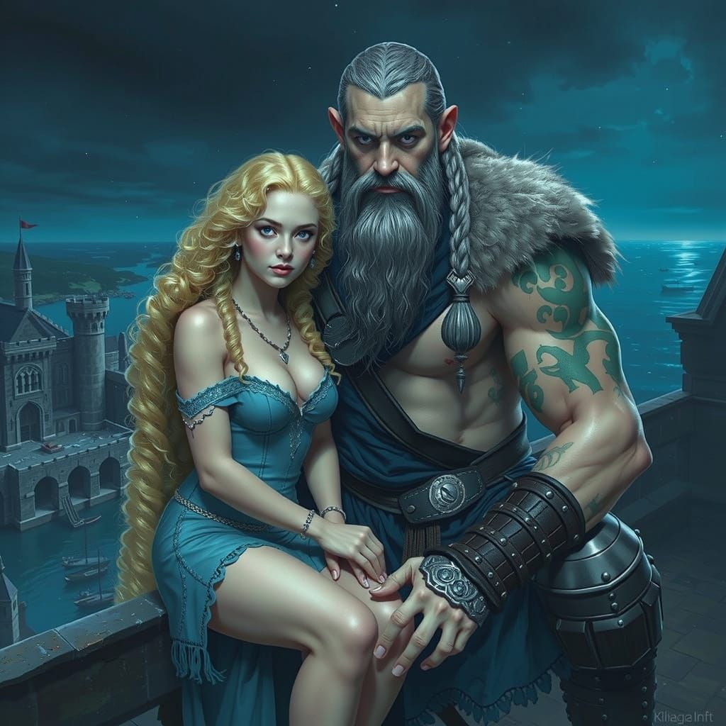 Viking Warrior and Woman on Castle Ramparts