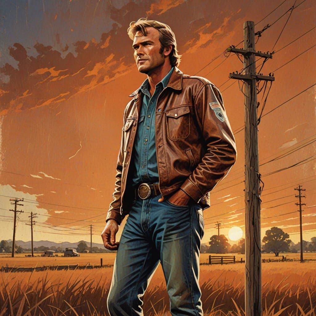 Vintage Country Lineman in Sunset Illustration