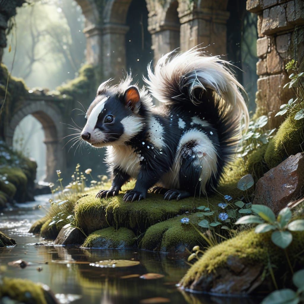 Cute Skunk in Castle Ruins Watercolor Painting