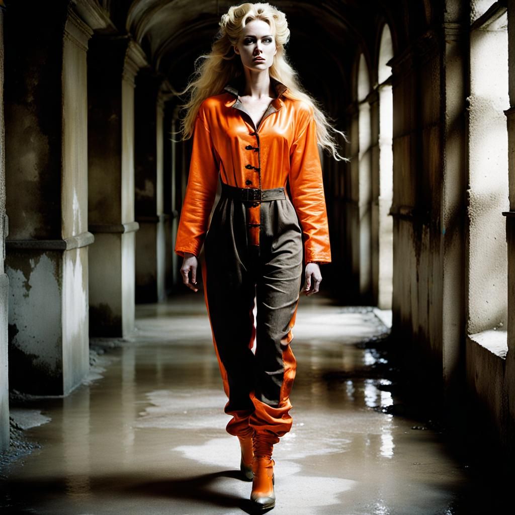 Blonde in Orange Jumpsuit: Victorian Fashion Photo