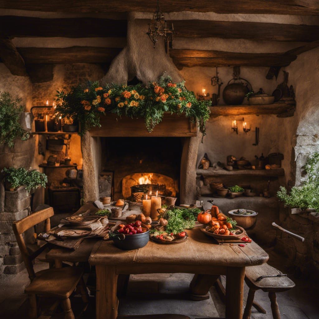 Medieval Cottage Kitchen with Fireplace and Dining Table