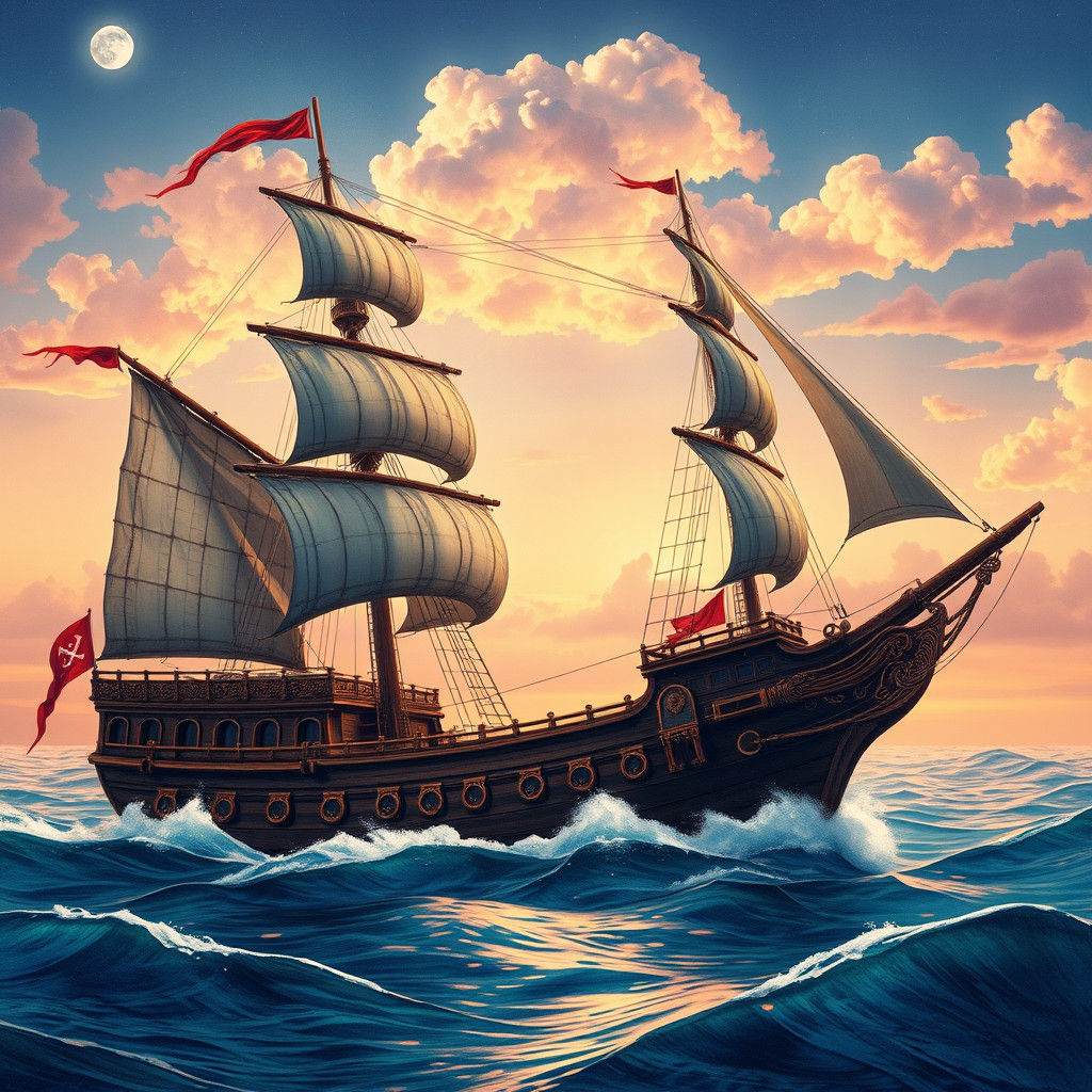 Pirate Ship at Dusk in Impressionist Style