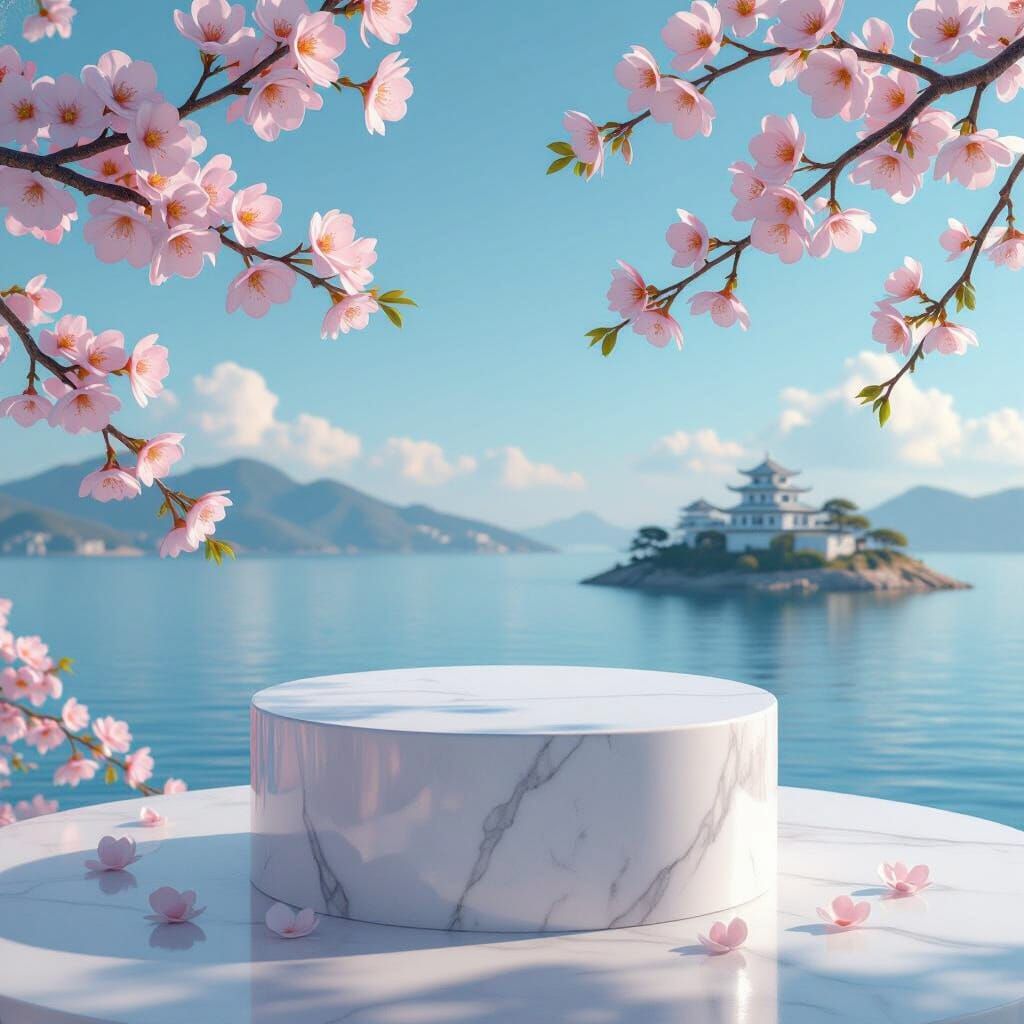 Marble Pedestal with Cherry Blossoms in Dreamy Futurism