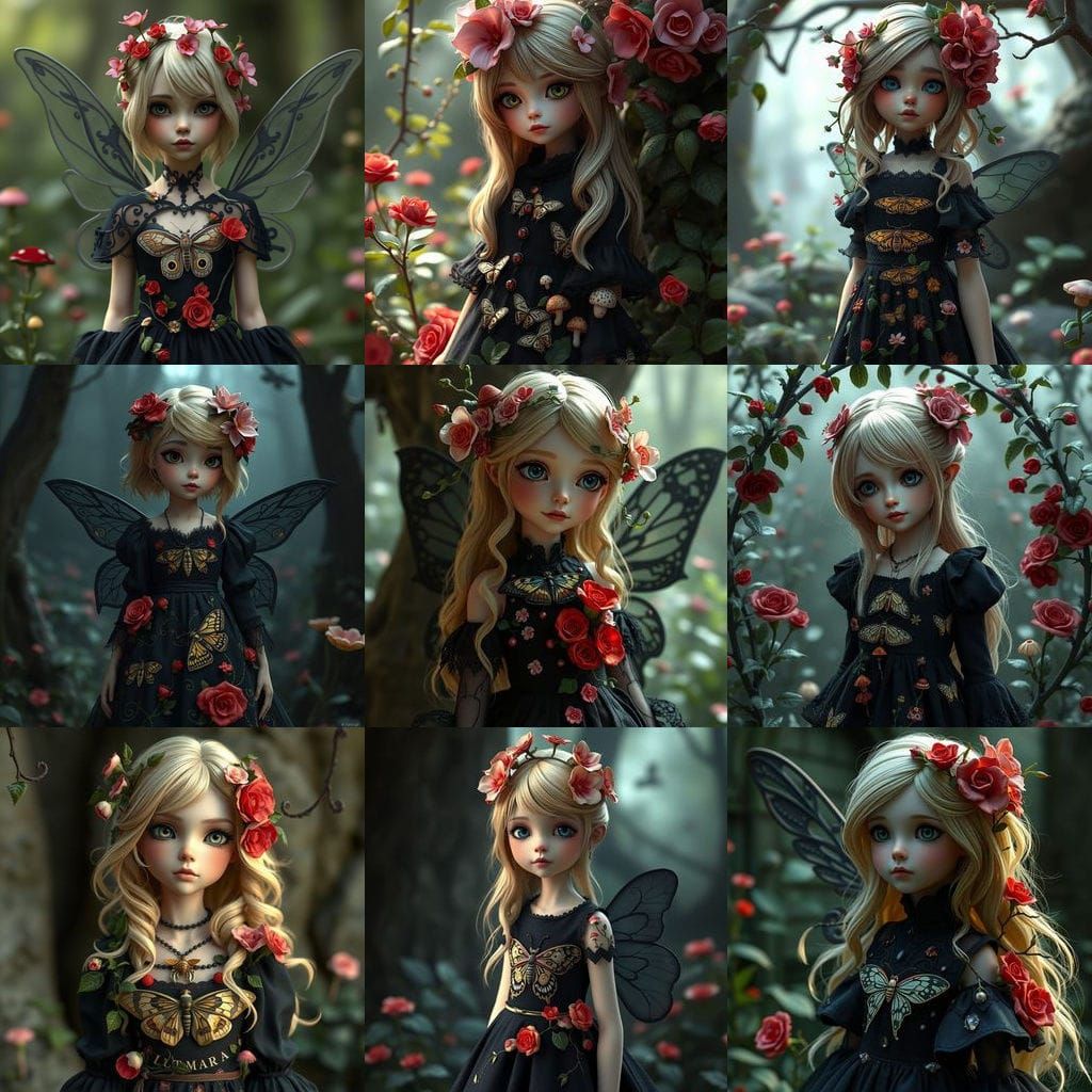 Black Fairy Dress with Luna Moth and Mushroom Accents