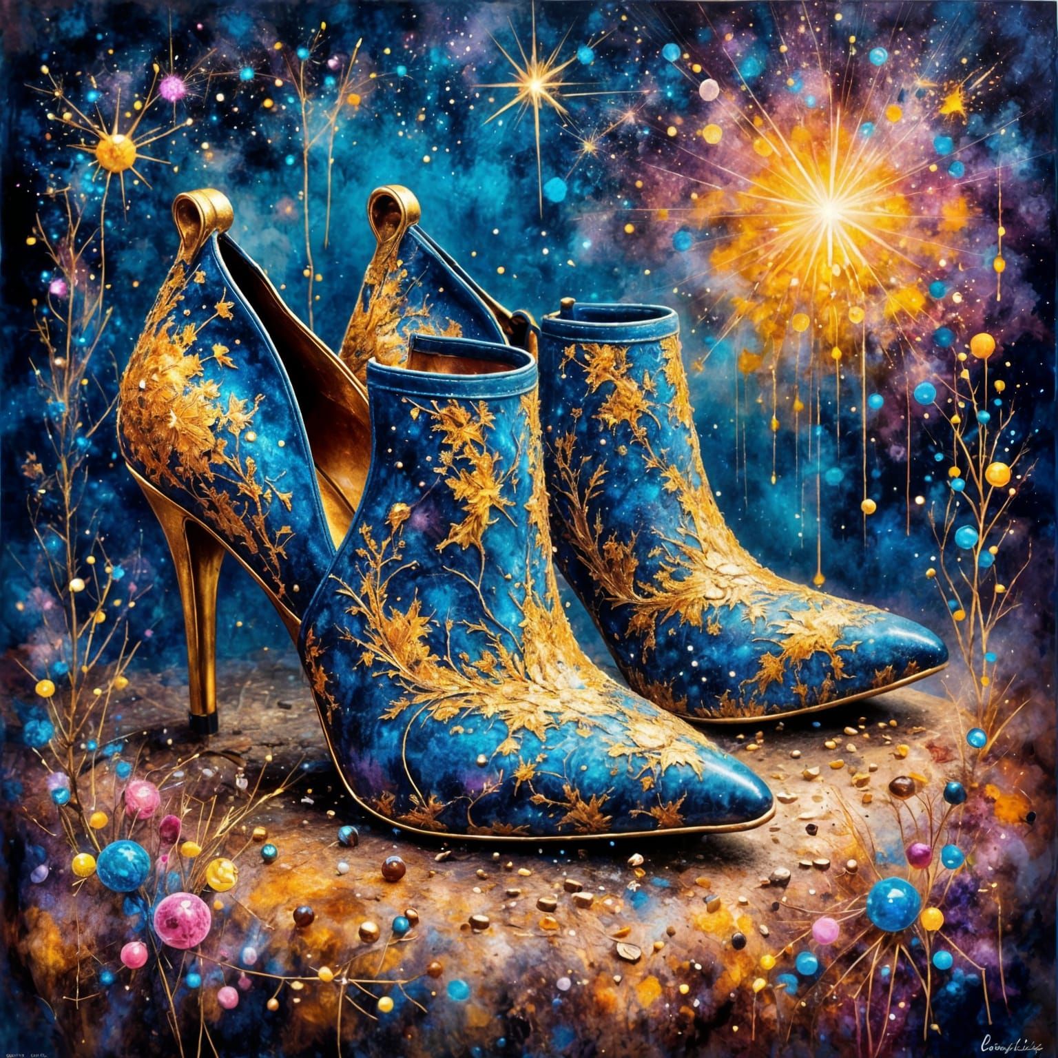 Talons aiguilles élégants avec un tissu imprimé galaxie vibrant, sur un luxueux coussin en velours, en gros plan, rendu ...