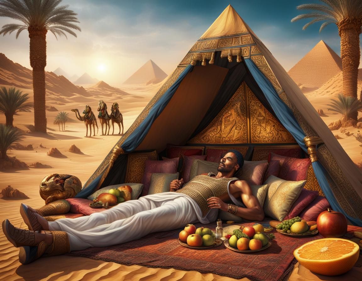Pharaoh and Lover in Desert Oasis