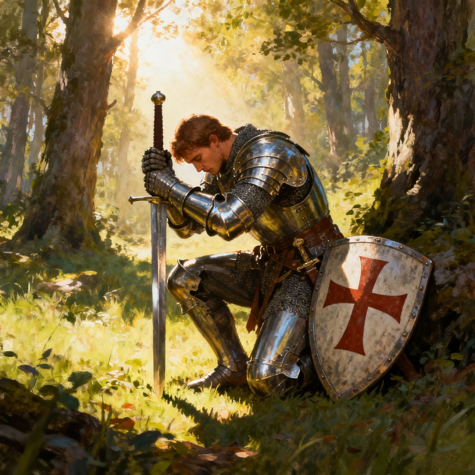 Knight in Armour Kneeling in Prayer in Sunlit Forest