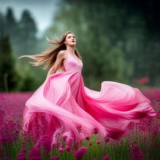Girl Dancing in Pink Flowers: Hyperrealistic Image