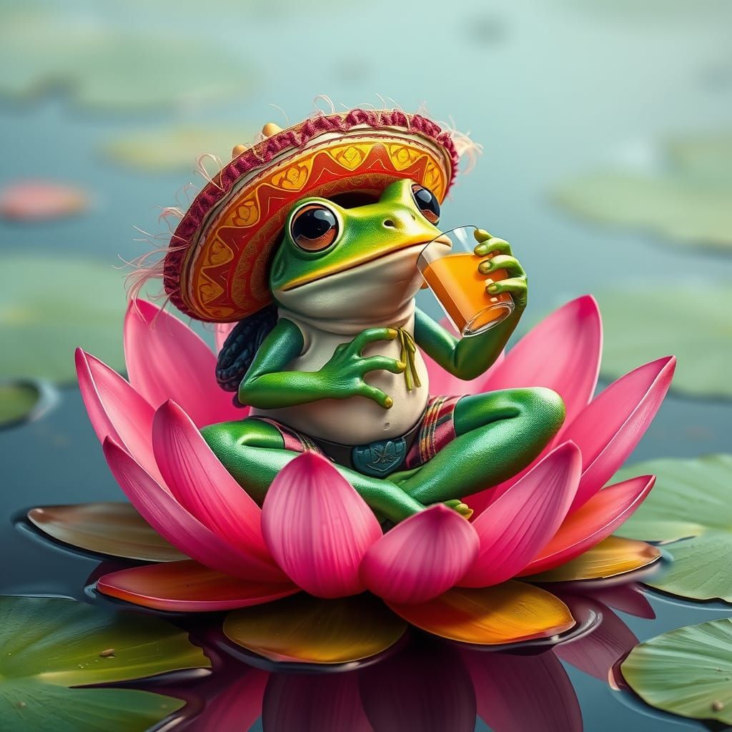 Frog in Sombrero Sipping Drink on Lily Pad