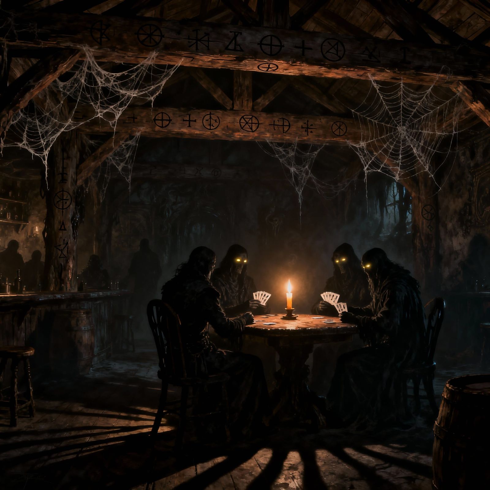 Gothic Tavern Mystery: Shadowy Figures Play Cards