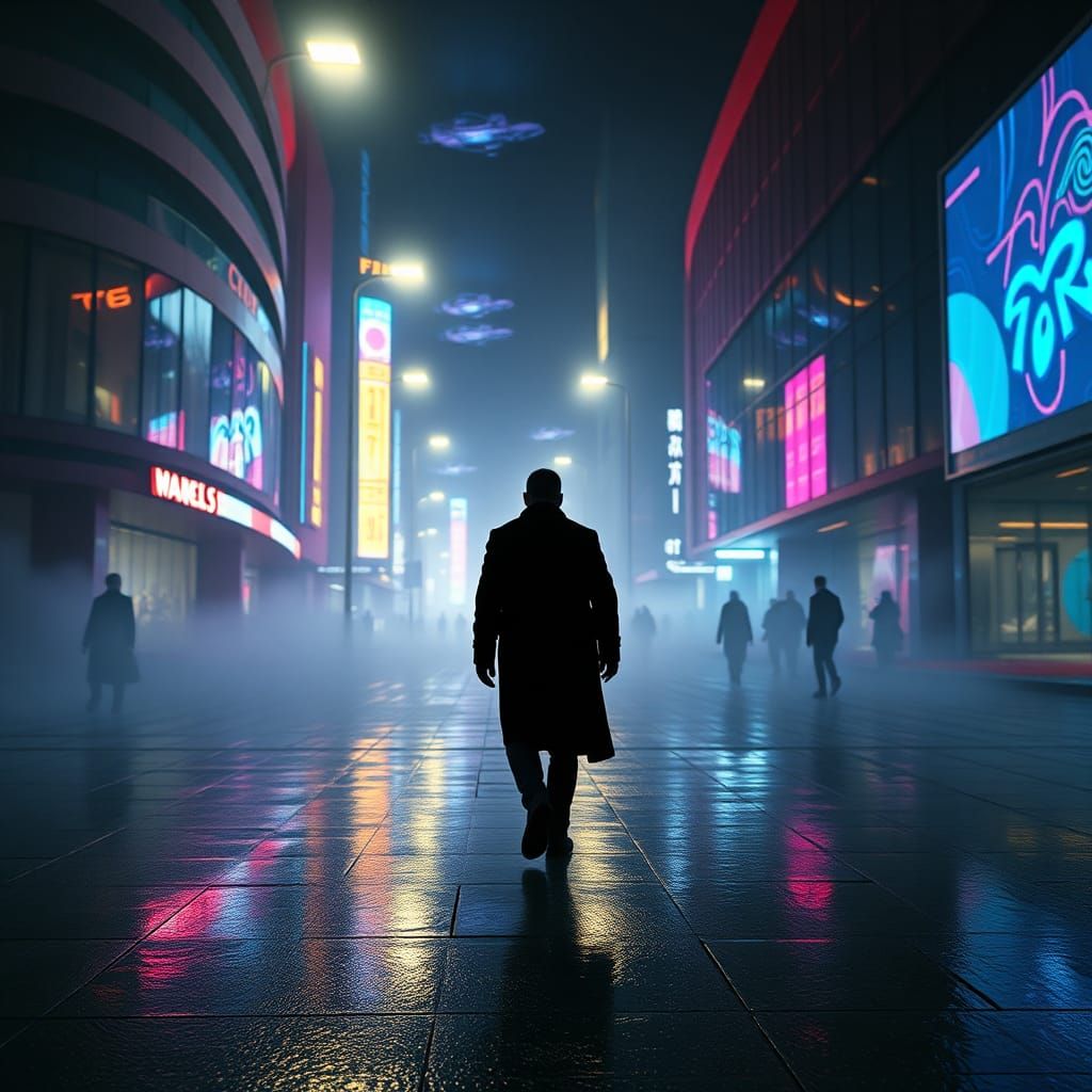 Neon Reflections: Solitary Figure in Cyberpunk Cityscape