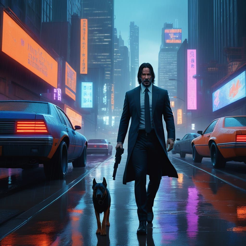 John Wick Walking City Streets in Futuristic Noir Style