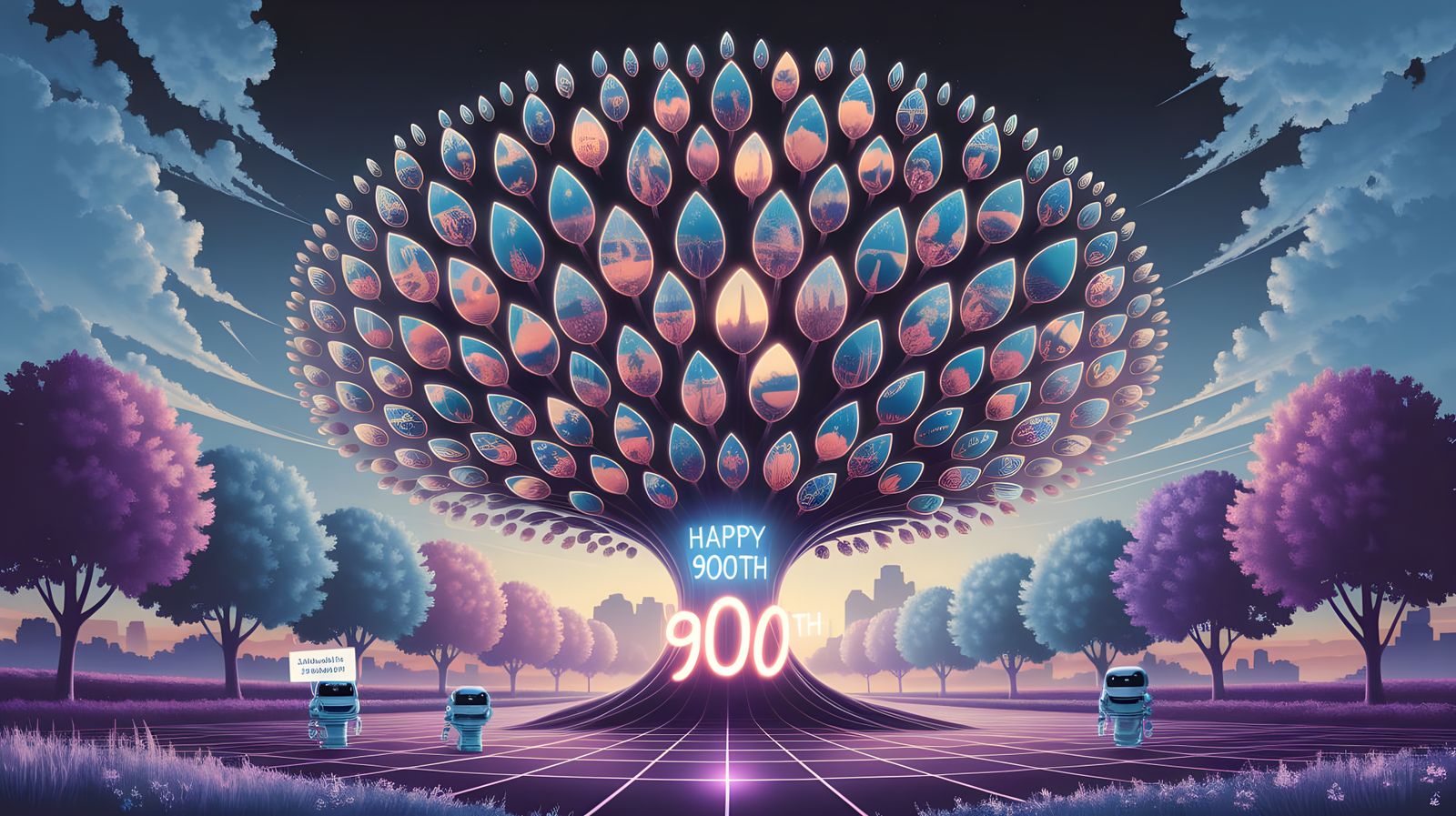 Surreal Tree of Knowledge Illuminates Futuristic Park