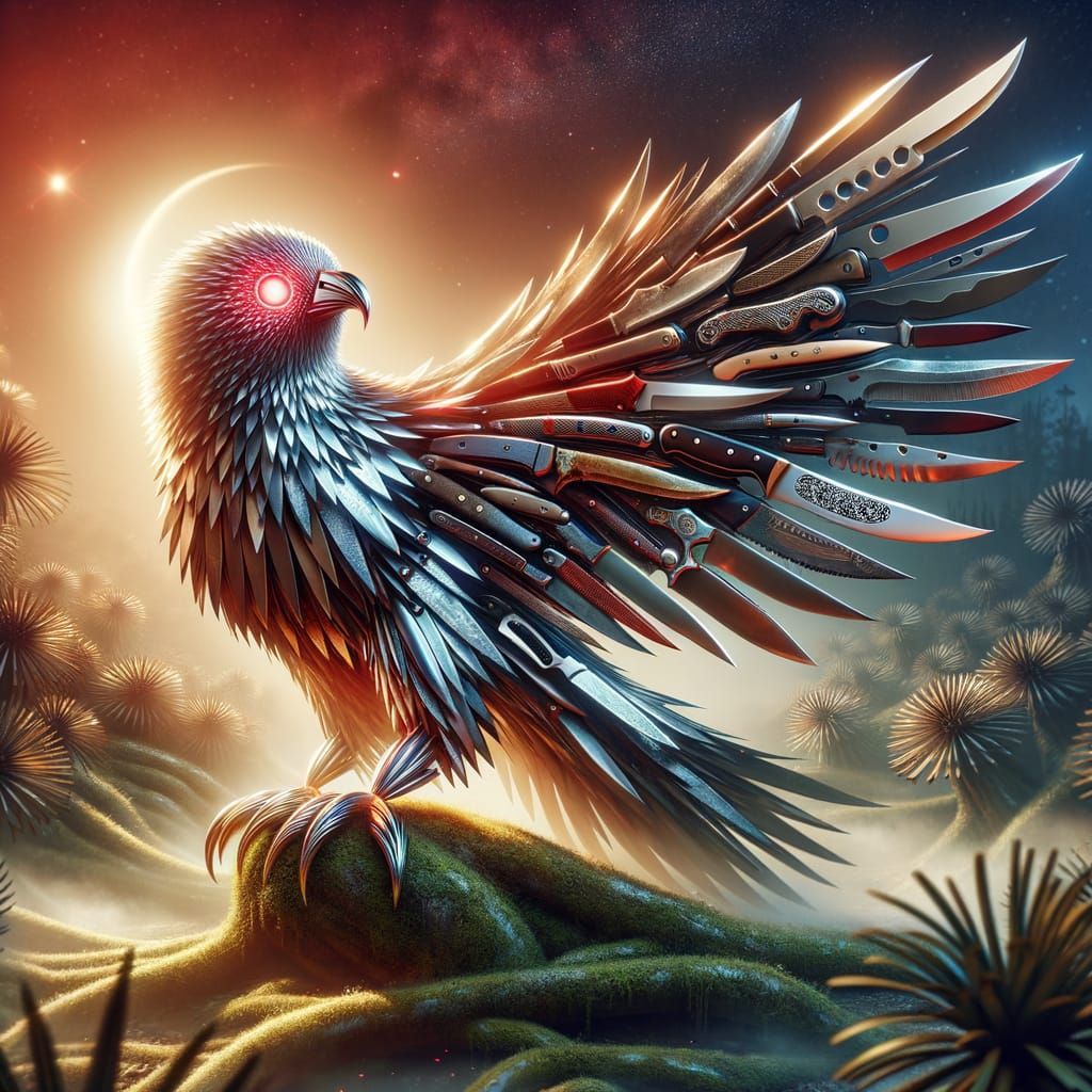 Eagle Made of Knives in a Fantasy Landscape