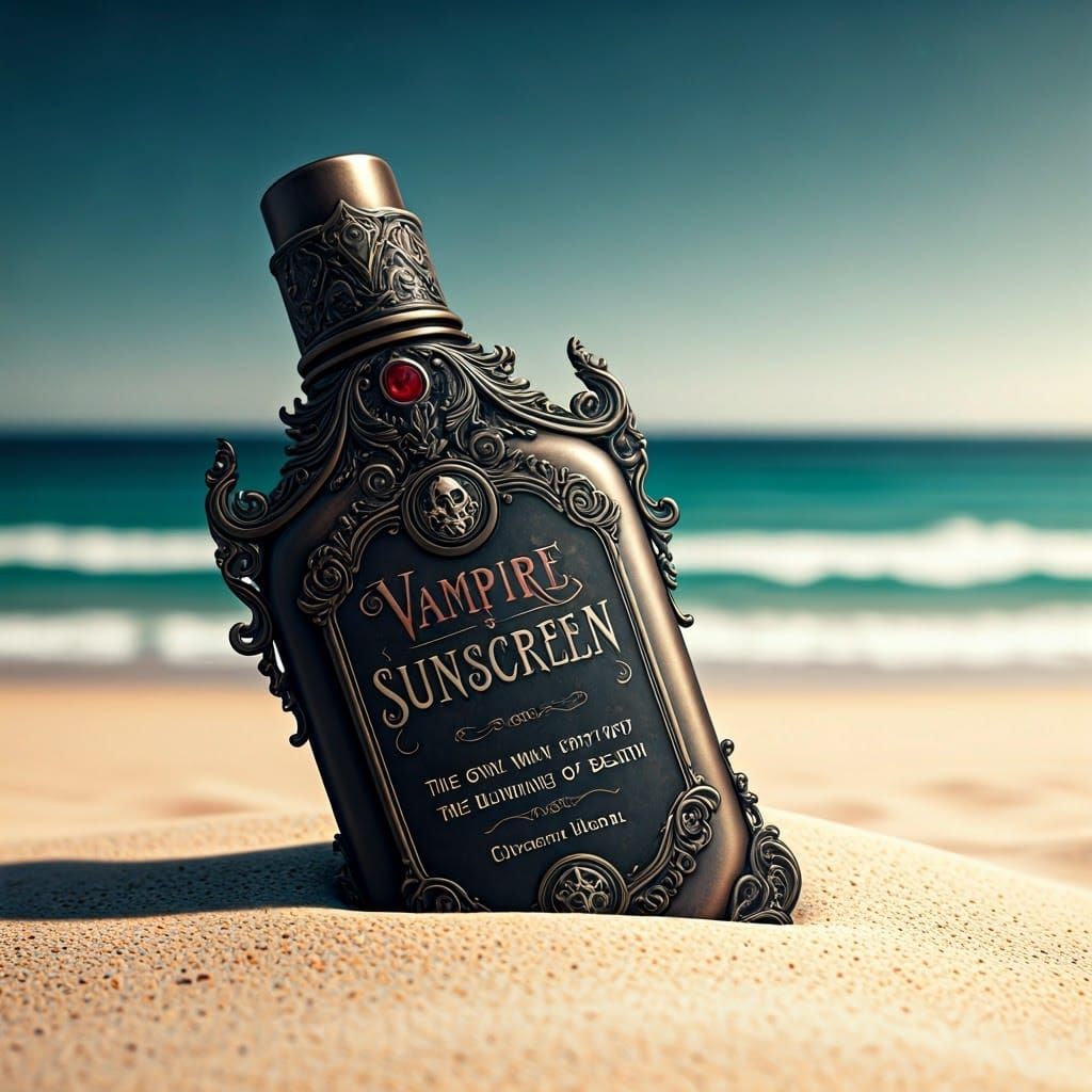 Ethereal Gothic Sunscreen Bottle on Turquoise Beach
