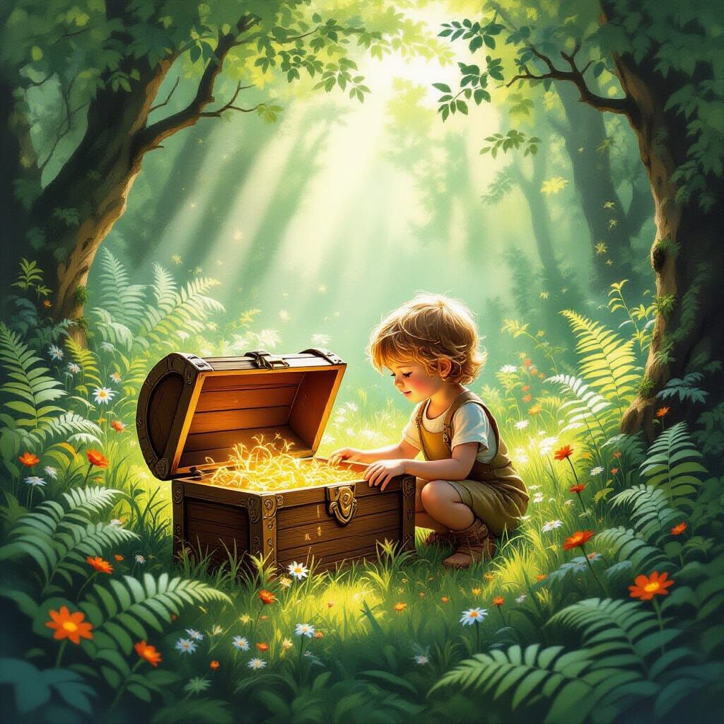 Child's Discovery in Enchanted Forest: Fairytale Illustratio...