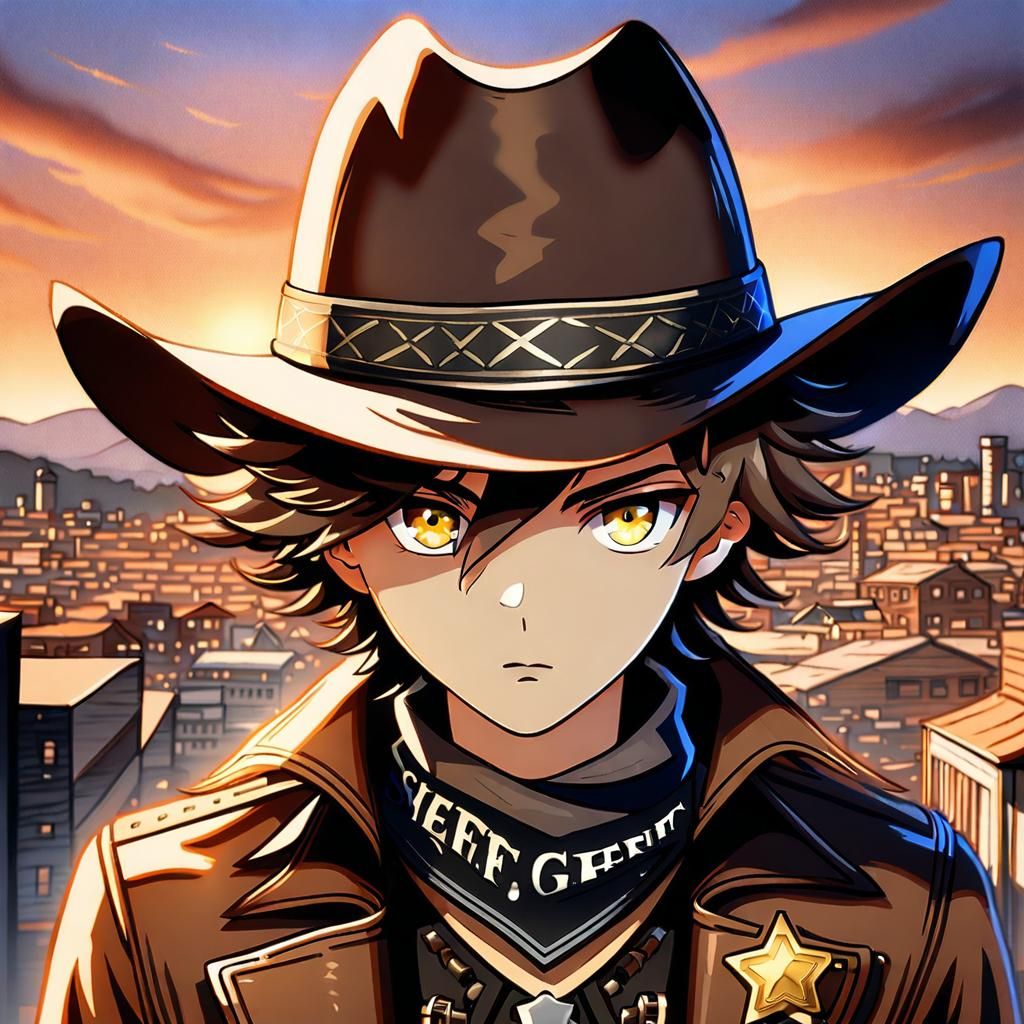 Boy Sheriff in Western Town at Sunset