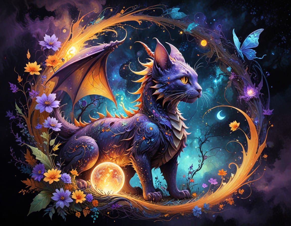 Dragon-Cat Portal to Fairy World in Glitchcore Style