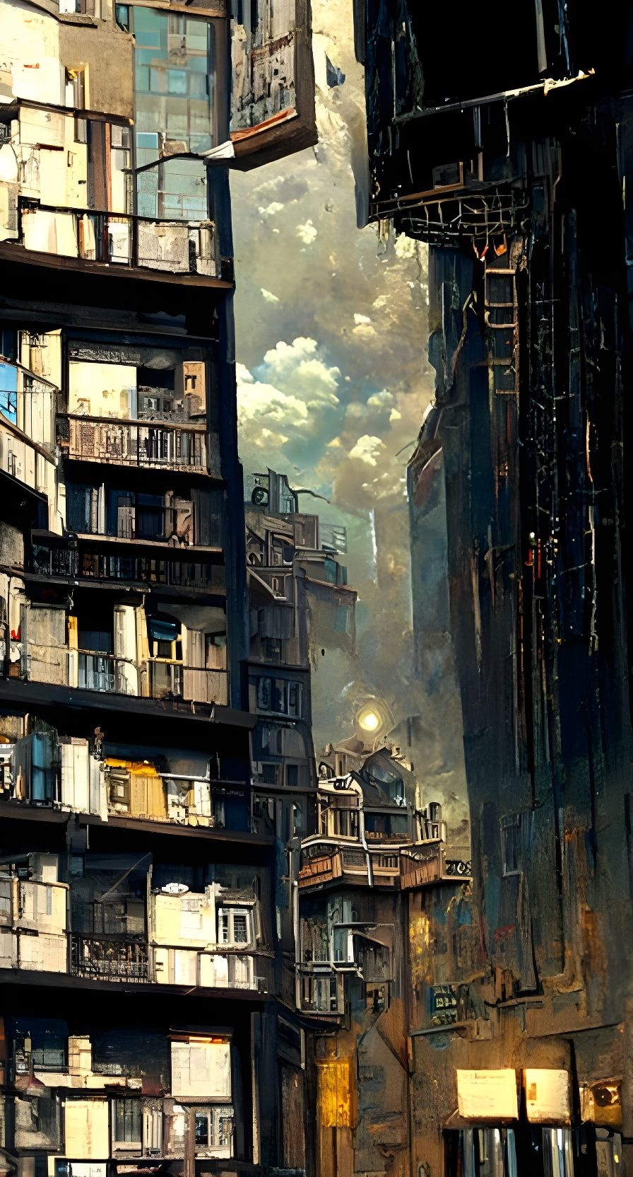 Grungy Downtown High-Rise Slum: Oil Painting