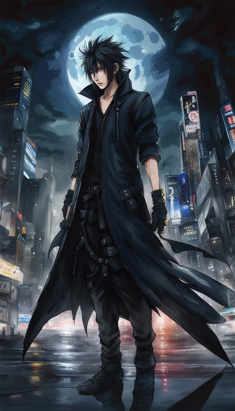 Noctis Lucis Caelum, Yoshitaka Amano artist style, watercolor, 8k 2d, trending on Artstation, wearing black organization...