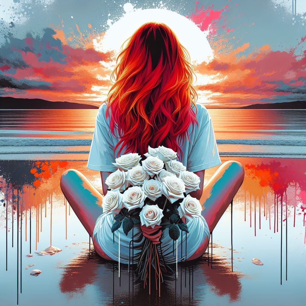 Redhead with Roses at Sunset in Graffiti Art Style