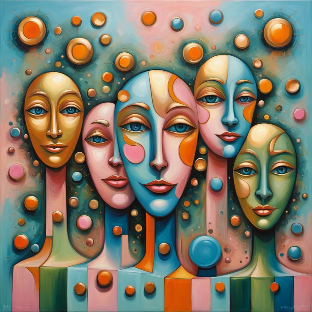Abstract Happy faces and whimsical pareidolia. surrealist art. Oil painting predominantly using electric Gold the color...