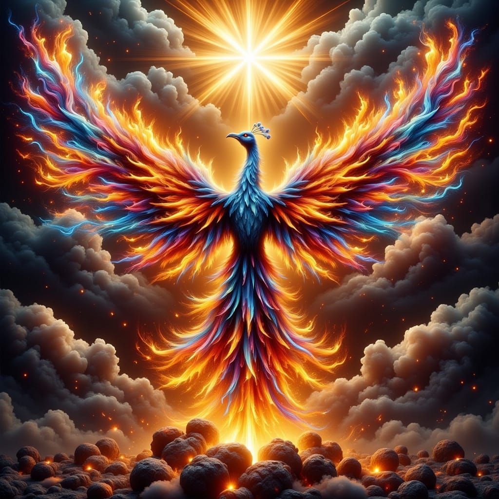 Phoenix-Peacock Hybrid Ascends in Cosmic Flames