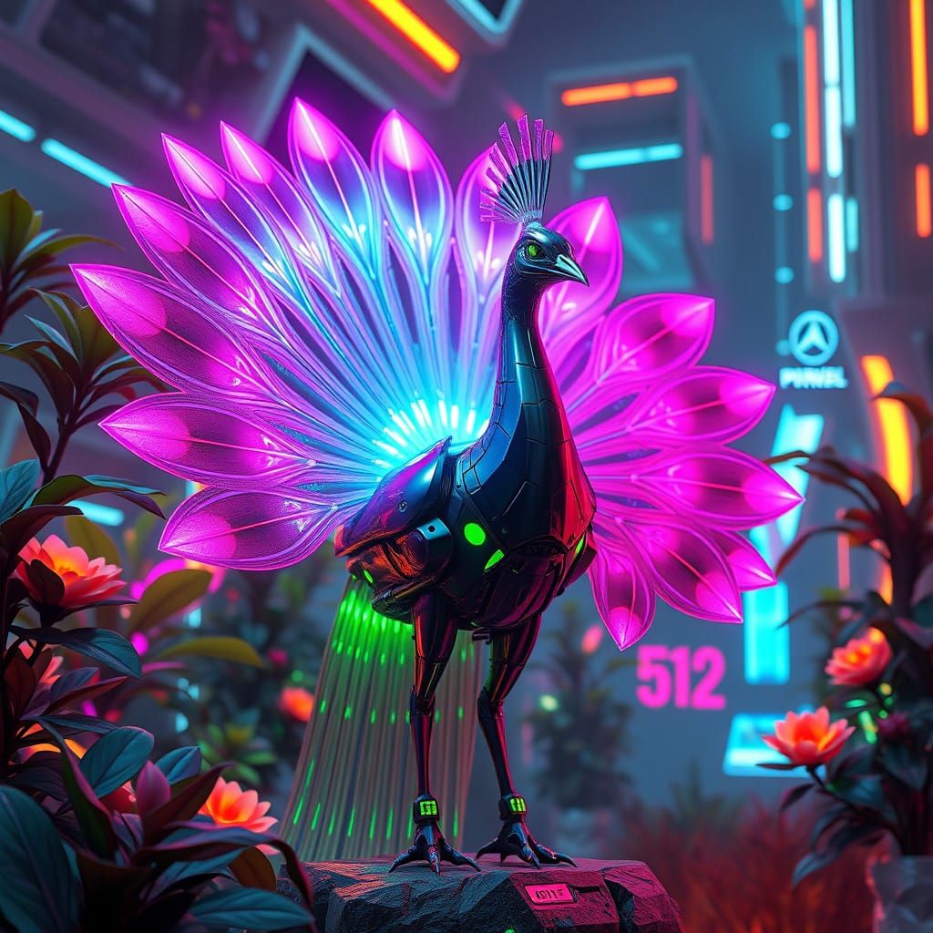 Robotic Avian Masterpiece with Neon Feathers in Futuristic G...