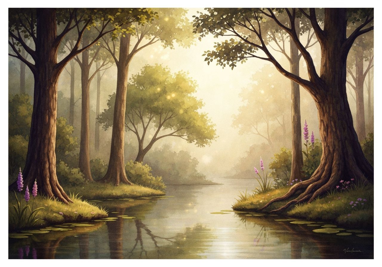 Mystical Forest Lake in Realistic Watercolor Painting