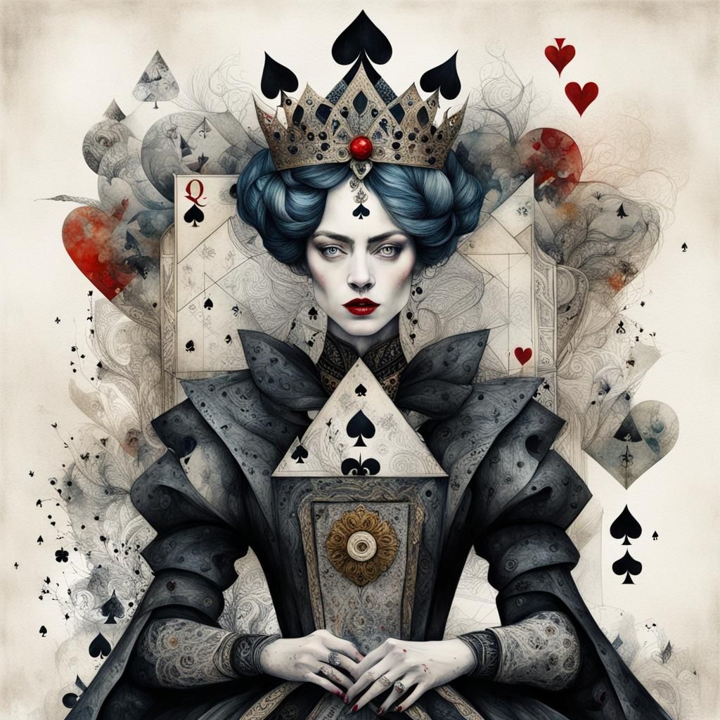 Queen of Spades in Hearts Game: Intricate Watercolor Collage