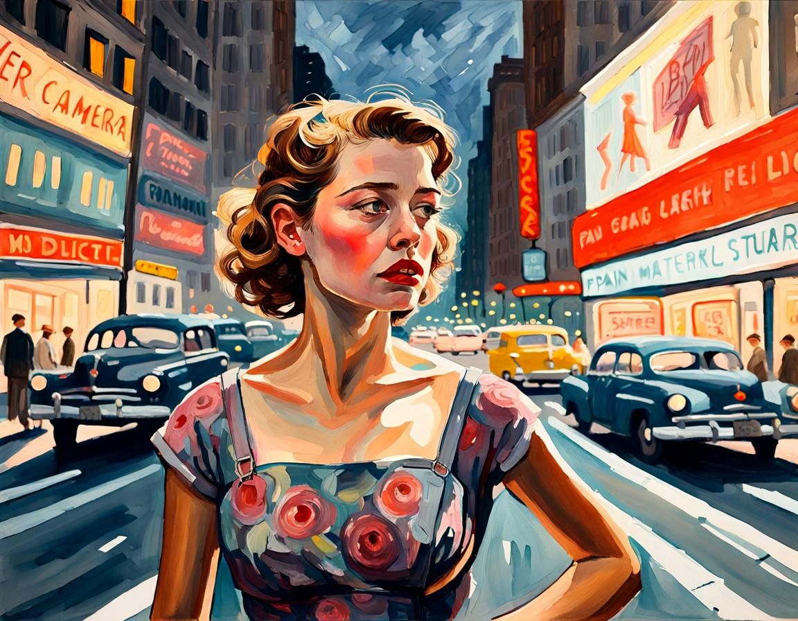 Sad Girl in Traffic: Gouache Impressionist Painting