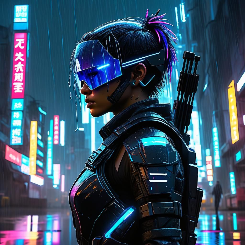 Cyberpunk Archer in Dystopian Cityscape: Manga Style