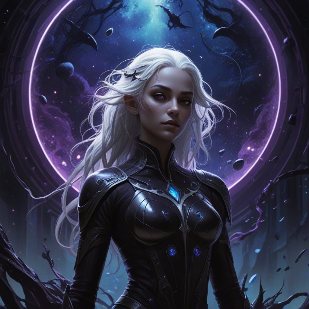 Ethereal Drow Astronaut Admires Swirling Nebula in Space