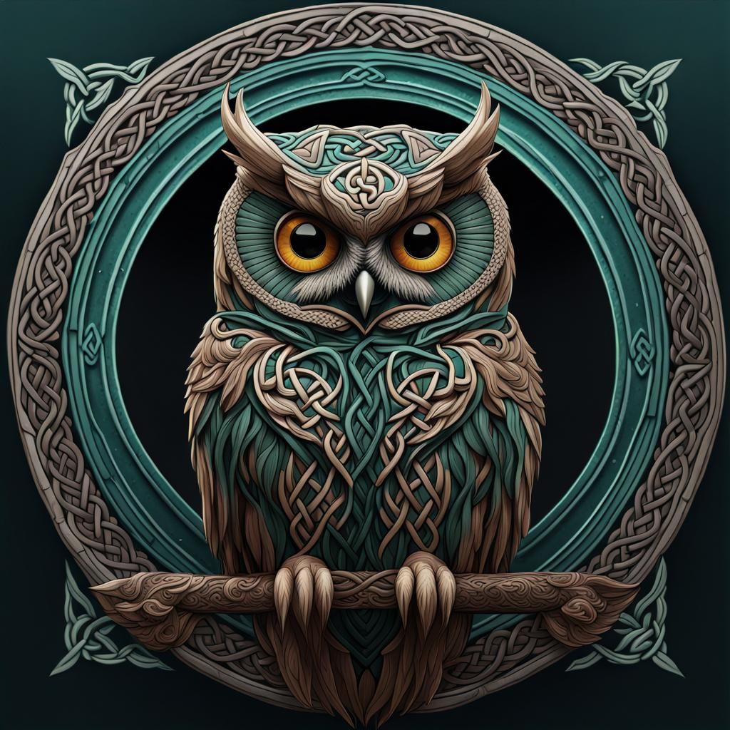 Celtic Knot Owl in Detailed Matte Painting Style