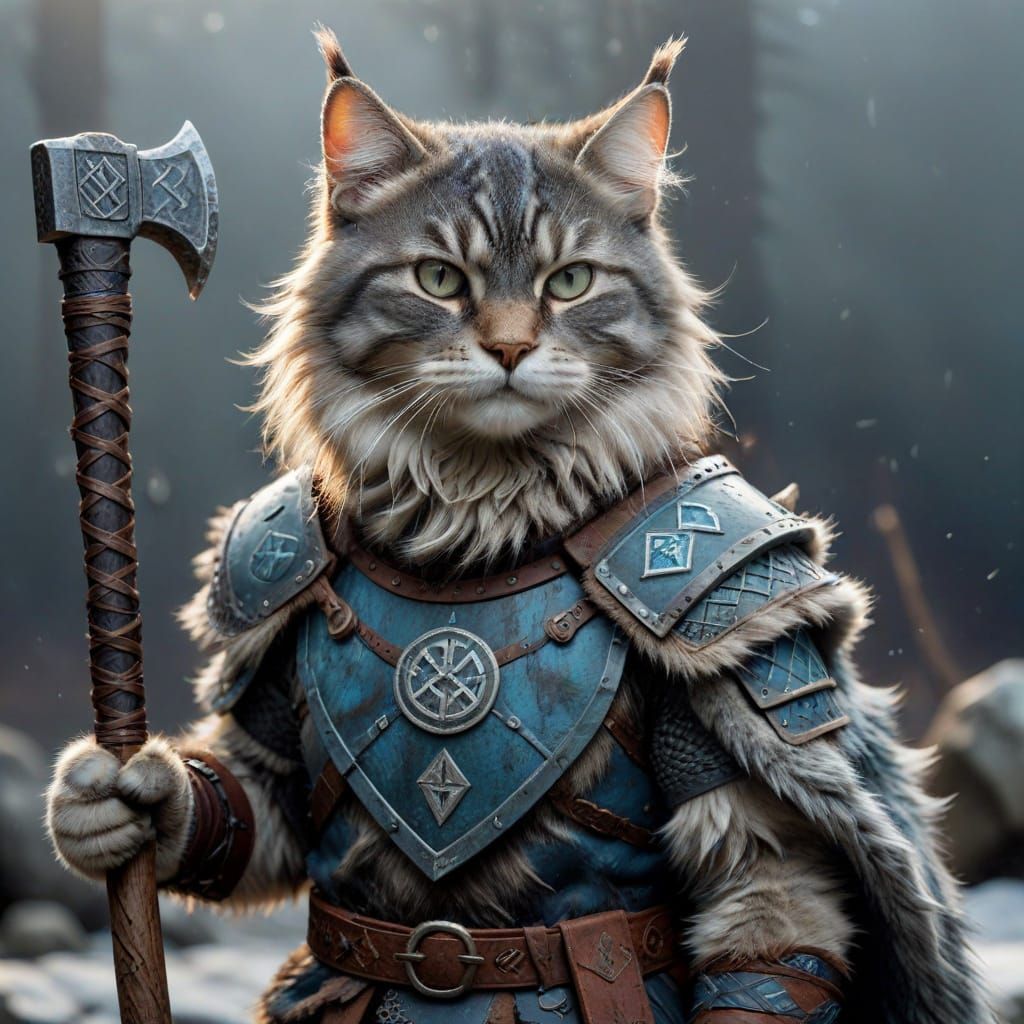 Viking Cat Warrior with Runes and Axe