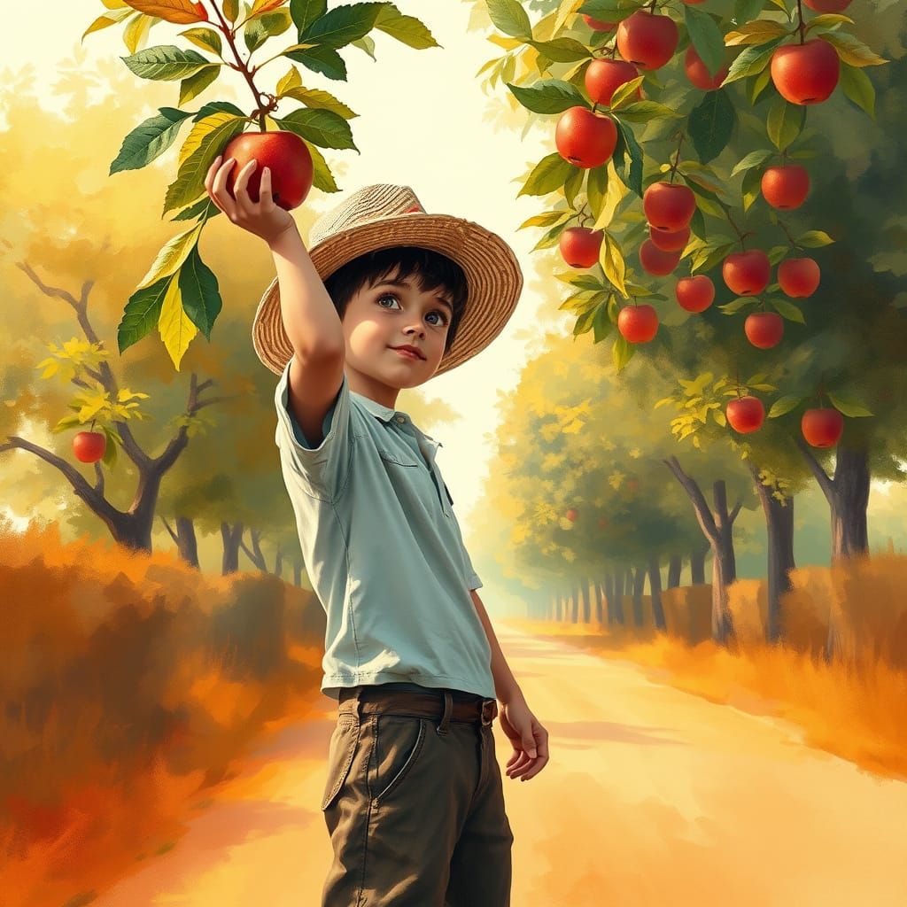 Boy Plucks Apple from Tree in Dreamy Watercolor Landscape